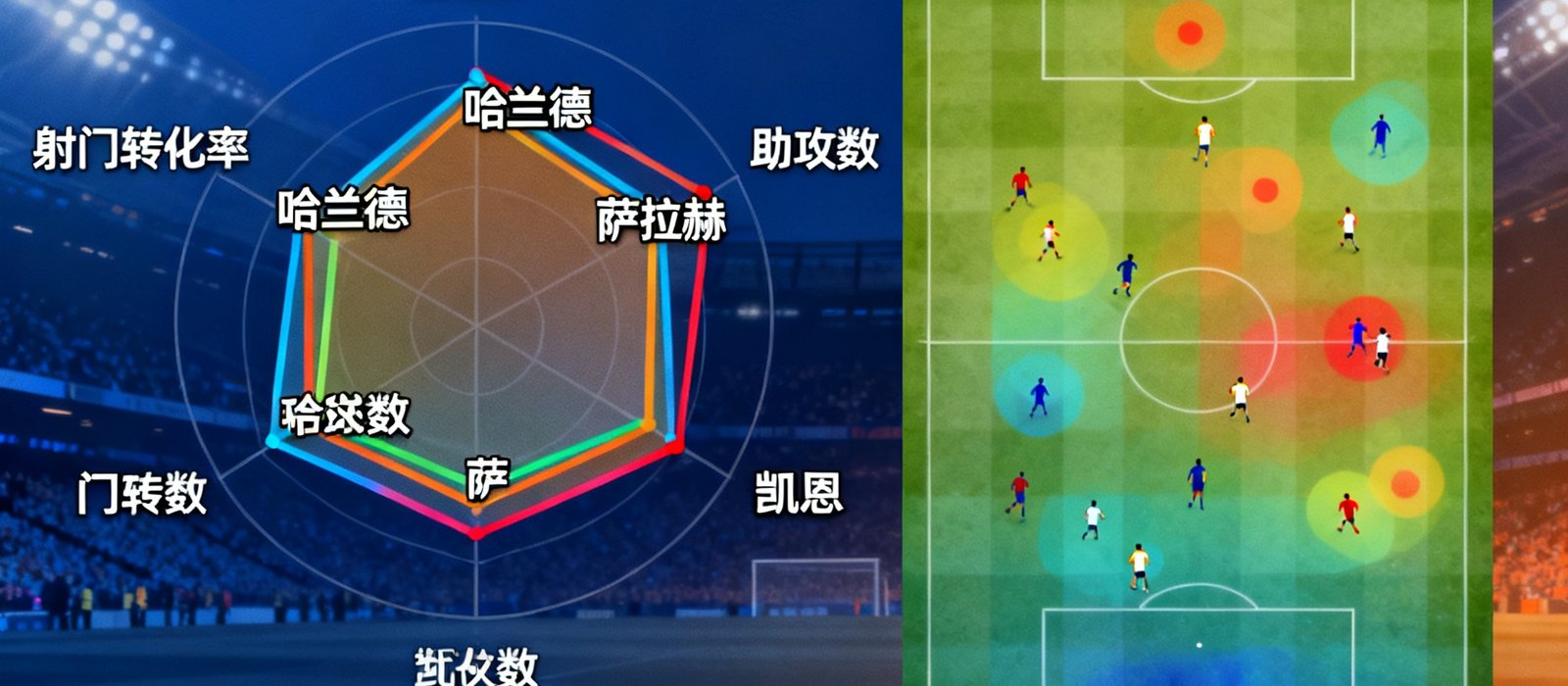 数据可视化图表展示英超射手榜前五名球员的进球数、助攻数、射门转化率雷达图，以及赛季热力图覆盖区域对比，帮助球迷直观理解球员表现差异